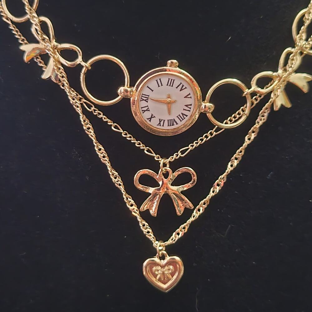 3 piece coquette gold tone layered necklace set, watch, bow, & heart charms - Picture 3 of 3